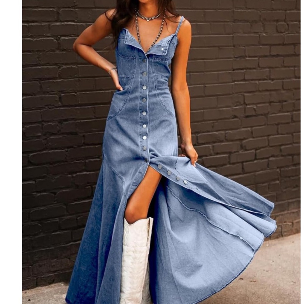 🎉New Awesome Western Vibe Sexy Great Flattering Denim Fishtail Maxi Dress